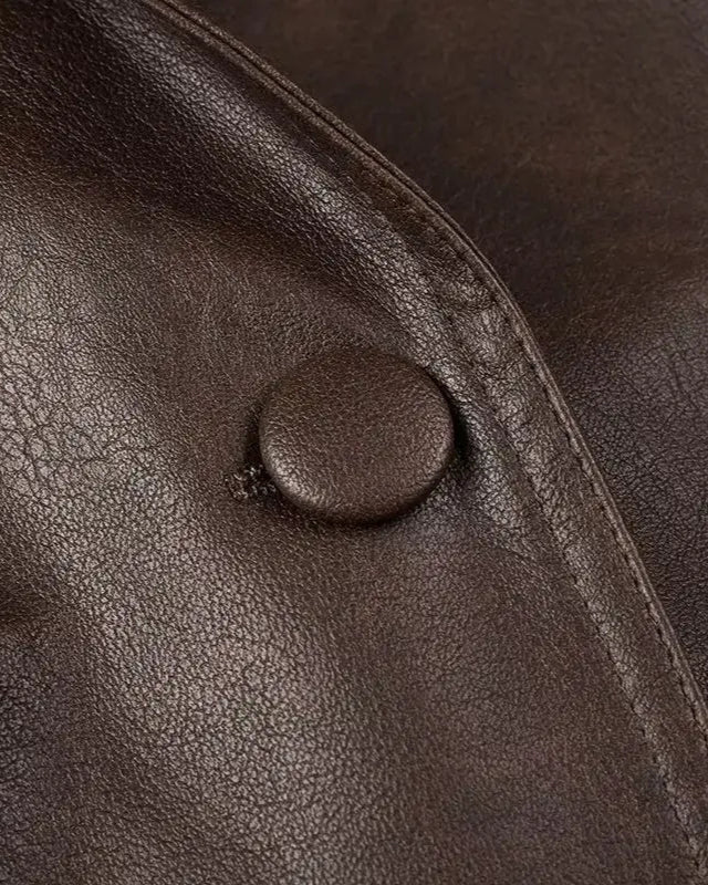Close-up of a dark chocolate faux leather fabric featuring a smooth button detail.